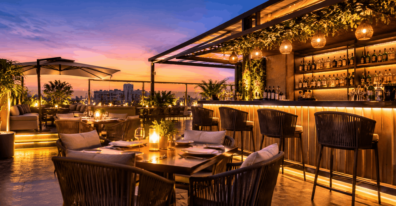 rooftop dining setting in evening
